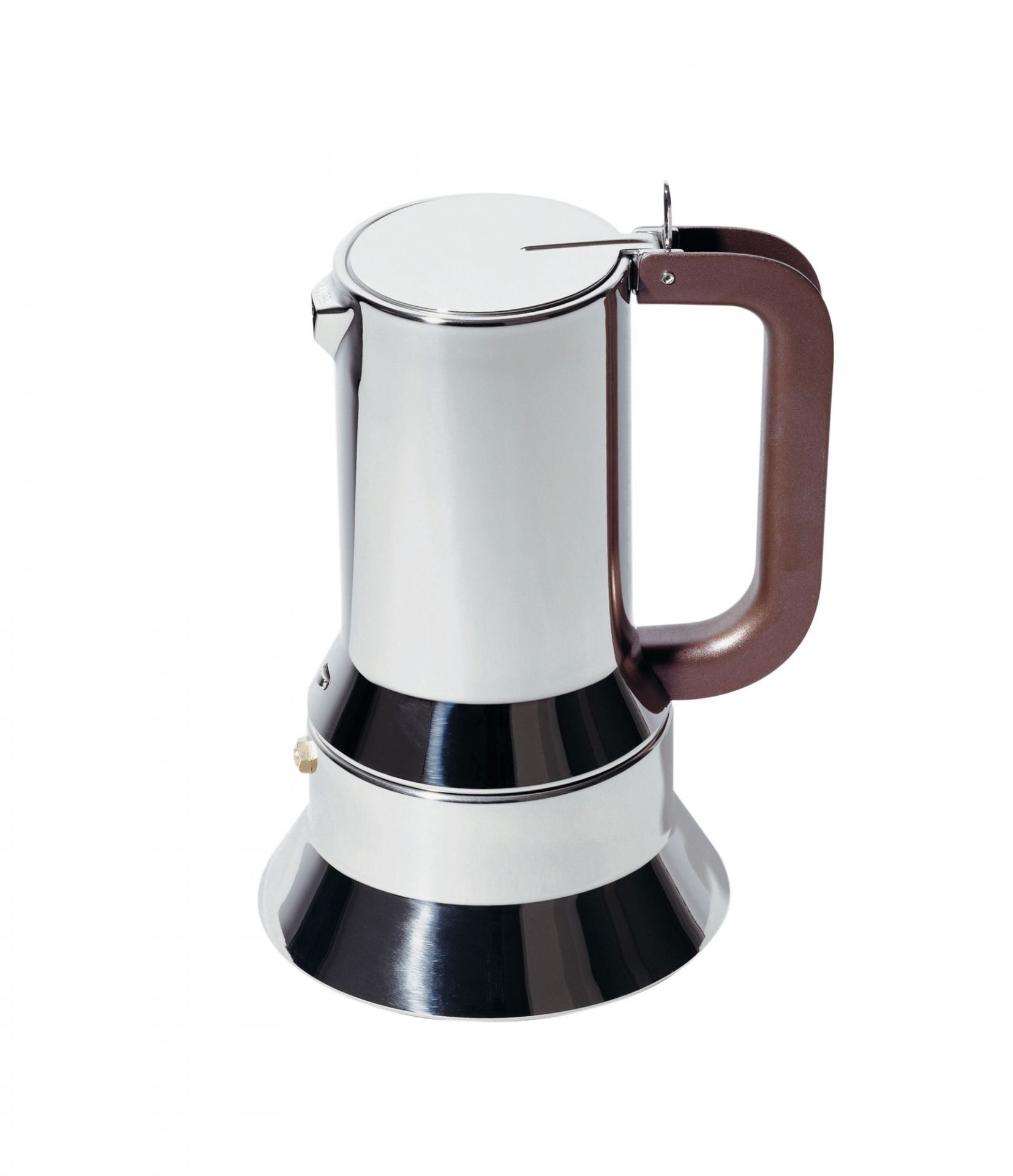Alessi Espressokocher 9090/3 aus Edelstahl mit braunem Griff für die Zubereitung von Espresso.